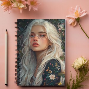 Silver-Haired Dreamer Notebook - Fantasy Girl Journal, Artsy Floral Fairycore Spiral Journal Gift