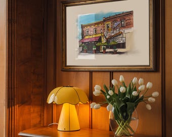 Impresión en acuarela de Manayunk Philly: Arte del bar de vinos de Jake y Cooper