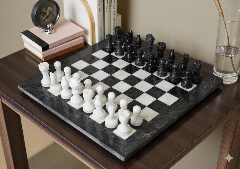 Pu&ograve; includere: Una scacchiera quadrata in marmo lucido bianco e nero con motivo a scacchi. La scacchiera presenta un set completo di pezzi degli scacchi in pietra intagliata nei colori bianco e nero, disposti nelle loro posizioni iniziali sulla superficie.
