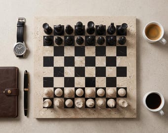 May include: A square stone chessboard with alternating black and beige squares, featuring a full set of black and beige stone chess pieces. Beside the board are a black leather wristwatch, a brown leather notebook, a black fountain pen, and two white ceramic mugs filled with dark coffee.