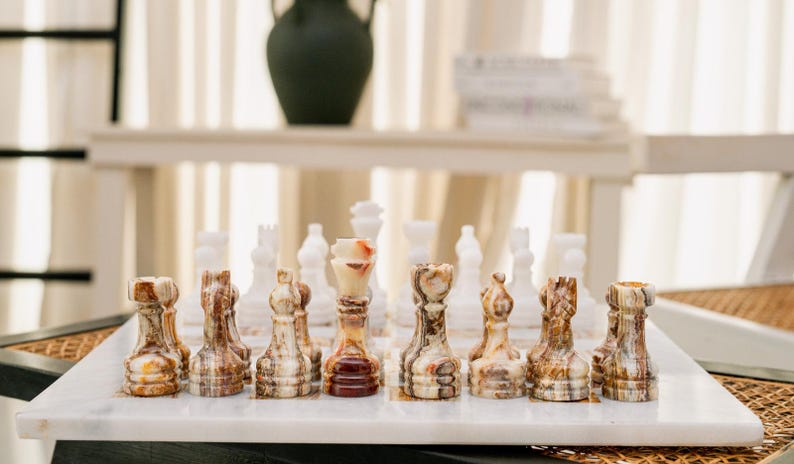 Handmade Staunton White and Green Onyx Marble Chess Board Game Set - Best Board Games for Home Décor Gifts - Suitable for Table Décor - Non Go Board Game - Non Checker Board Game