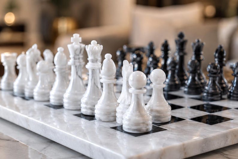 Pu&ograve; includere: Un set di scacchi con pezzi in marmo bianco e nero lucido disposti su una scacchiera in marmo abbinata. Il set include re, regine, alfieri, cavalli, torri e pedoni dettagliati, che mostrano le venature naturali del materiale lapideo.