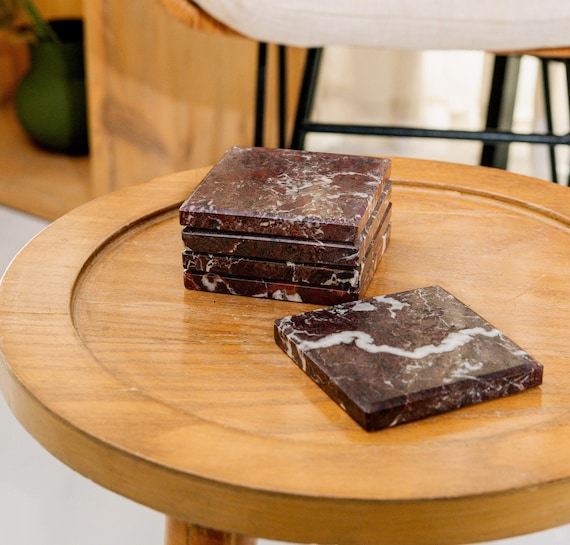 Luxury Housewarming gifts Marble Coasters Set of 5, Red Zebra Square Coaster, Handmade Natural Stone Drink Coasters, Perfect for Home Decor
