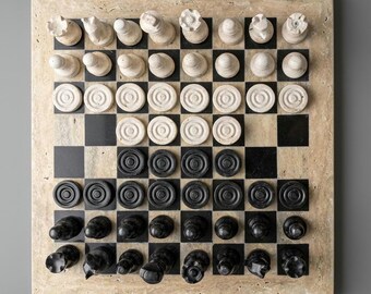 Travertine Marble Chess Set + Checkers Pieces, Unique Natural Stone Board Game, Best for Travel, Handmade Anniversary Gift for Him & Her