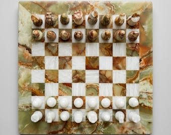 Green Onyx Marble Chess Set | Handmade Stone Chess Board & Pieces | Luxury Coffee Table Decor | Unique Housewarming Anniversary Gift for Him