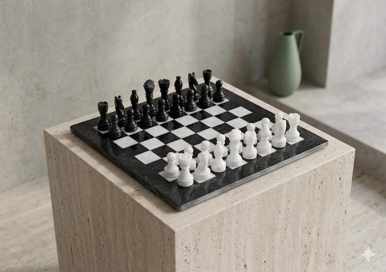 Pu&ograve; includere: Una scacchiera quadrata con caselle alternate in marmo bianco e nero. La scacchiera presenta un set completo di pezzi degli scacchi intagliati in marmo bianco e nero, disposti nelle loro posizioni iniziali sulla superficie del piano di gioco.