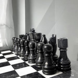 Pu&ograve; includere: Un set di pezzi degli scacchi in marmo nero disposti su una scacchiera abbinata in marmo bianco e nero. I pezzi includono pedoni, torri, cavalli, alfieri e un re, tutti caratterizzati da una consistenza in pietra liscia e lucida con venature.