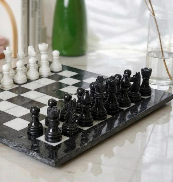 Trendy Black & White Marble Chess Set, Handmade Chess Game Board, Vintage Chess Set, Fathers Day Gift For Him, Christmas Gift, Home Decor