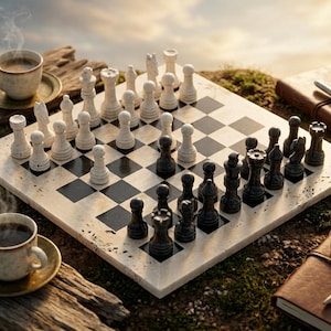 May include: A stone chessboard with black and white pieces, two steaming ceramic cups on saucers, two leather-bound journals, a silver pen, and a pocket watch with a chain, all arranged on a weathered wooden surface outdoors.