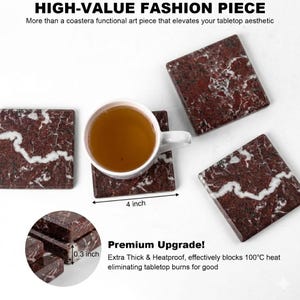Set di 5 sottobicchieri artigianali in marmo Rosso Levanto, sottobicchieri a zebra rossa, decorazione quadrata in pietra naturale per la tavola, regalo di lusso per l'inaugurazione della casa. immagine 13
