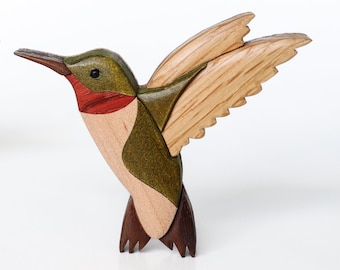 Ruby throated hummingbird X-mas ornament or magnet, Handmade intarsia wood art, Wildlife wood carving, Personalized scroll saw decoration