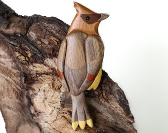 Cedar waxwing Christmas ornament or magnet, Handmade intarsia wood art, Personalized wood carving, Wooden scroll saw bird, Songbird décor