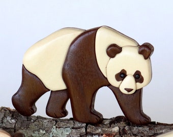 Panda bear Christmas ornament or magnet, Handmade wildlife intarsia wood art, Personalized wood carving, Wooden scroll saw decoration