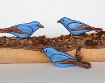 Indigo bunting Christmas ornament or magnet, Handmade songbird intarsia wood art, Personalized wood carving, Wooden scroll saw decoration