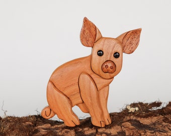 Piglet Christmas ornament or magnet, Handmade farm animal intarsia wood art, Personalized wood carving, Wooden pig scroll saw decoration
