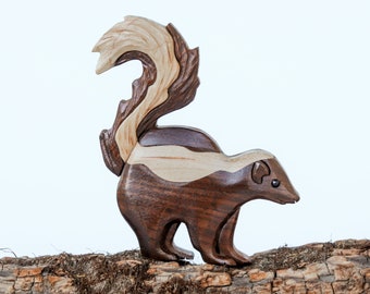 Skunk wooden ornament / magnet, Forest animal wood carving, Wildlife Christmas tree decoration, Wood intarsia art