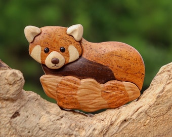 Red panda bear intarsia wooden ornament/ magnet, Animal wood carving, Asian wildlife decor, Wood intarsia art