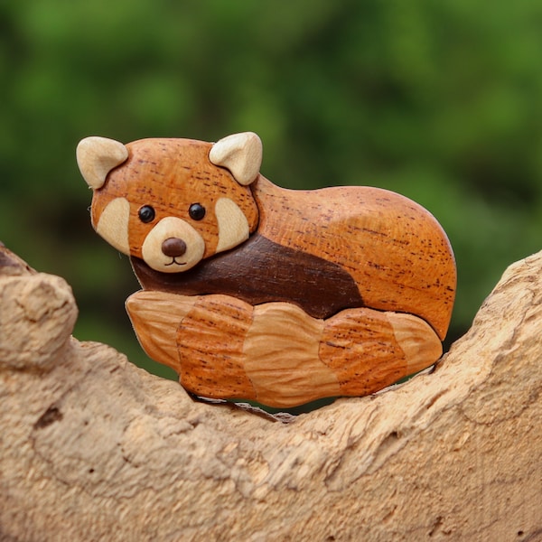 Red panda bear intarsia wooden ornament/ magnet, Animal wood carving, Asian wildlife decor, Wood intarsia art