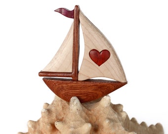 Sailboat with heart wooden magnet or ornament, Intarsia wood art, Wood carving, Salt life