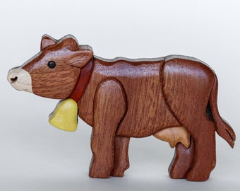 Cow Christmas ornament or magnet, Handmade farm animal intarsia wood art, Personalized wood carving, Wooden scroll saw decoration