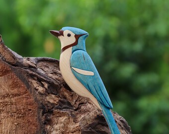 Blue jay Christmas ornament or magnet, Handmade songbird intarsia wood art, Personalized wood carving, Wooden scroll saw decoration