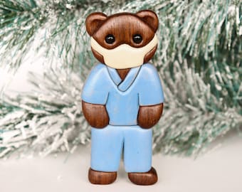 Doctor teddy bear (scrubs) wooden magnet / ornament, Nurse appreciation, Essential worker, Thank you gift, Scroll saw art