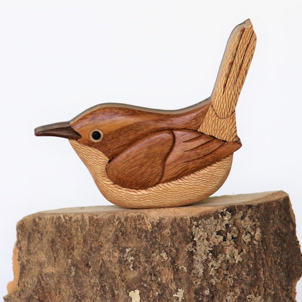 House Wren Songbird Wooden Magnet Ornament Intarsia Wood Carving Backyard Bird Decoration Tweet Nature Wildlife Scroll Saw Art