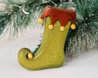 Green elf stocking Christmas ornament or magnet, Handmade intarsia wood art, Personalized wood carving, Wooden scroll saw decoration