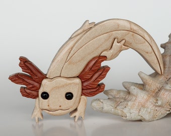 Axolotl wooden magnet / ornament, Intarsia wood art, Scroll saw amphibian wildlife, Salamander decoration