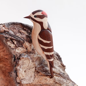 Downy woodpecker wood carved Christmas ornament, Wooden animal magnet, American wildlife intarsia, Bird scroll saw art