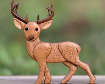 Deer Christmas ornament or magnet, Handmade wildlife intarsia wood art, Personalized wood carving, Wooden scroll saw animal decoration
