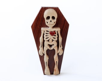 Skeleton wooden magnet / ornament, Halloween intarsia art, Wood carving, Undead monster, Necromancy, Animated bones