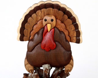 Turkey Christmas ornament or magnet, Handmade wildlife intarsia wood art, Personalized bird wood carving, Thanksgiving scroll saw decoration