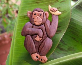 Chimpanzee wooden magnet / ornament, Monkey wood carving, Intarsia wood art, Jungle wildlife decoration, Handmade animal décor