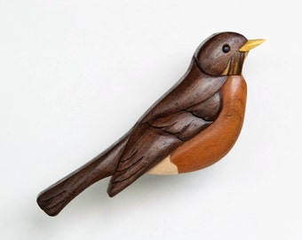 Robin wooden magnet or ornament, Songbird wood carving, Intarsia wood art, Wildlife decoration, Collectable ornament