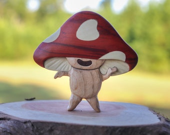 Fun guy Christmas ornament or magnet, Mushroom man intarsia wood art, Personalized fantasy wood carving, Magical wooden scroll saw décor