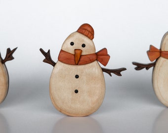 Snowman ornament or magnet, Handmade intarsia wood art, Personalized wood carving, Wooden scroll saw decoration, Christmas classic décor