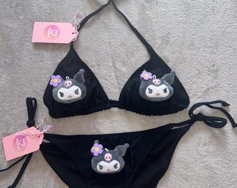 Black Kuromi Hello Kitty Bikini Set | Kawaii Plush Teddy Swimwear, Cute Pool and Beach Party Outfit, Custom Two Piece Swim Set