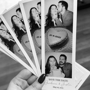 May include: Monochrome photo booth strips showing a couple, a heart-shaped cake, and the text "SAVE THE DATE Jordana & Justin May 16, 2025". The strips are held in a hand with dark nail polish.