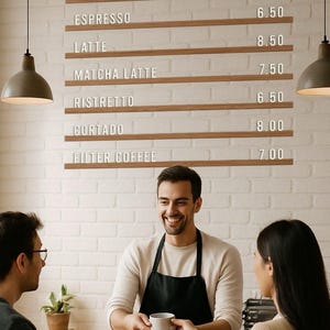 May include: A coffee shop scene with a barista serving customers. A menu board lists coffee options: Mocha, Espresso, Latte, Matcha Latte, Ristretto, Cortado, and Filter Coffee. The barista is wearing a black apron and smiling.