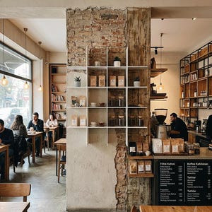May include: A coffee shop interior featuring a central exposed brick pillar with a white grid shelving unit displaying coffee bags, small potted plants, and ceramic cups. A menu board lists items like Filtre Kahve and Kaffee Kahilahon.