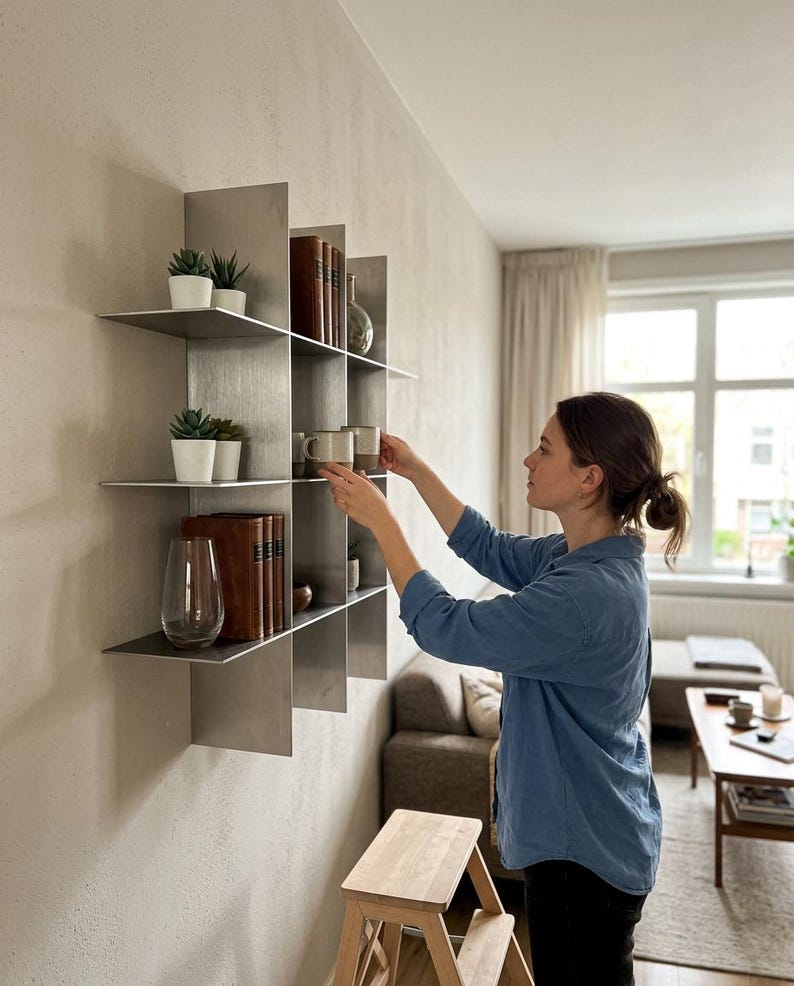 May include: A modular wall-mounted shelving unit made of brushed silver metal with a grid-like structure. The shelves hold small potted green plants, several hardcover books with brown spines, a clear glass vase, and two ceramic mugs.