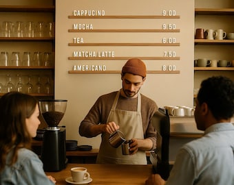 Könnte beinhalten: Ein Barista gießt Flüssigkeit in eine Metalltasse in einem Café. Eine Menütafel listet Kaffeegetränke auf: Cappuccino, Mokka, Tee, Matcha Latte und Americano. Kunden sitzen an der Theke. Regale zeigen Gläser und Tassen.