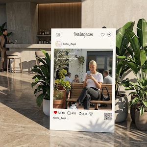 May include: An Instagram post mockup showing a woman using a phone. The post is from Cafe_Zopi, with the caption "You look good today." The image is set in a cafe with plants and a bar. The post has 12.4K likes.