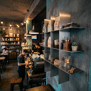 May include: A brushed metal wall-mounted shelving unit with a grid design, holding coffee bags, ceramic cups, a wooden manual coffee grinder, a small potted succulent, a glass pour-over coffee carafe, and a stack of napkins on its flat surfaces.