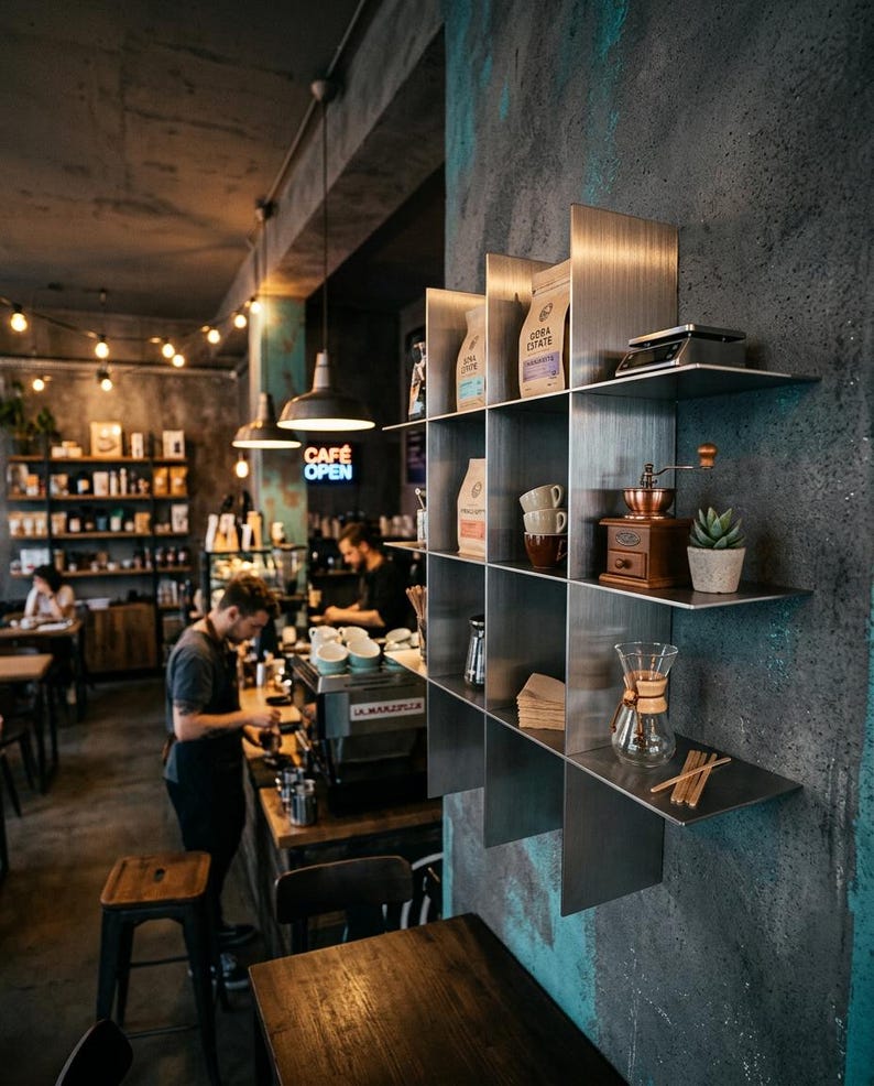 May include: A brushed metal wall-mounted shelving unit with a grid design, holding coffee bags, ceramic cups, a wooden manual coffee grinder, a small potted succulent, a glass pour-over coffee carafe, and a stack of napkins on its flat surfaces.
