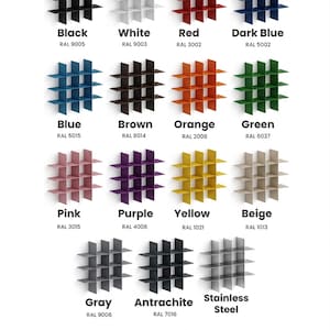 May include: A collection of fifteen grid-style wall shelves displayed in various colors including black, white, red, dark blue, blue, brown, orange, green, pink, purple, yellow, beige, gray, anthracite, and stainless steel, each labeled with its RAL code.