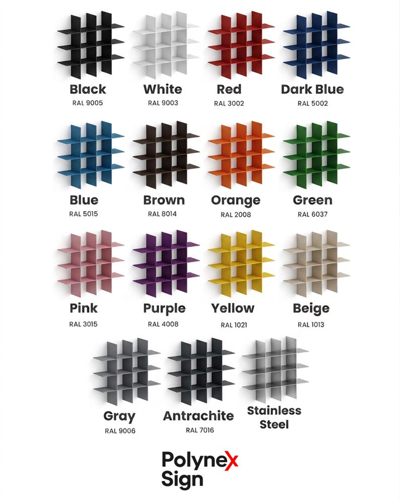 May include: A collection of fifteen grid-style wall shelves displayed in various colors including black, white, red, dark blue, blue, brown, orange, green, pink, purple, yellow, beige, gray, anthracite, and stainless steel, each labeled with its RAL code.