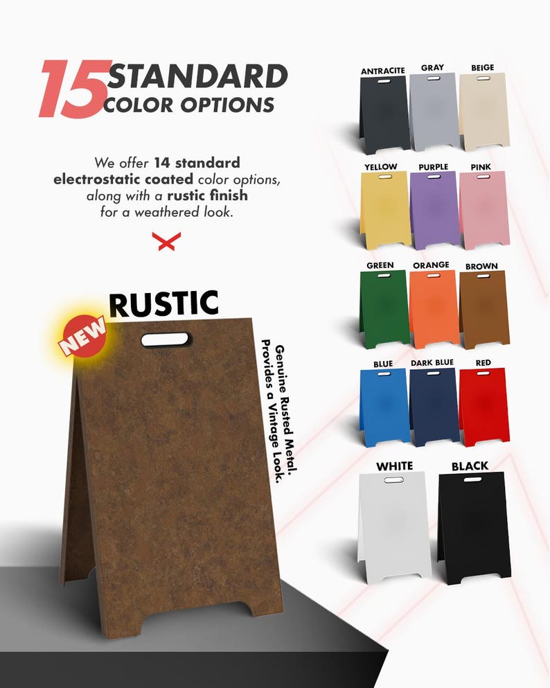 Op de afbeelding: Afbeelding van A-frameborden in verschillende kleuren: antraciet, grijs, beige, geel, paars, roze, groen, oranje, bruin, blauw, donkerblauw, rood, wit en zwart. De borden hebben een rustieke afwerking en zijn gemaakt van echt roestig metaal.