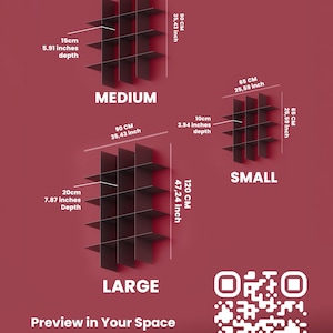 May include: Three black grid wall shelves labeled Medium, Large, and Small. Medium is 35.43 inches wide and high with 5.91 inches depth. Large is 35.43 inches wide, 47.24 inches high, 7.87 inches deep. Small is 25.59 inches wide and high, 3.94 inches deep.
